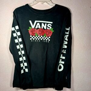Vans "Off The Wall" Black Long Sleeve with Rose and Checkered Design Size Small